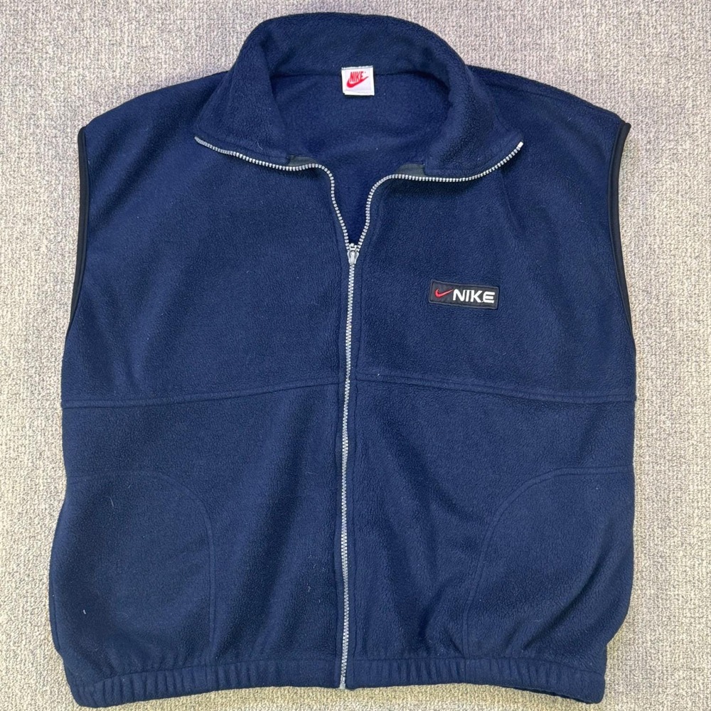 Vintage Nike Fleece Vest Large Navy Made USA‎ Full Zip Stand Collar 90s
